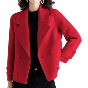 imagechouyatou Womens Casual Business Wool Blend Trench Coat Loose Double Breasted Dressy Blazer Pea CoatRed