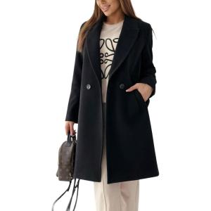 imagechouyatou Womens Elegant Double Breasted Midi Long Wool Pea Coat Work Dressy Casual Winter Trench CoatBlack