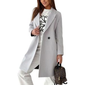 imagechouyatou Womens Elegant Double Breasted Midi Long Wool Pea Coat Work Dressy Casual Winter Trench CoatGrey