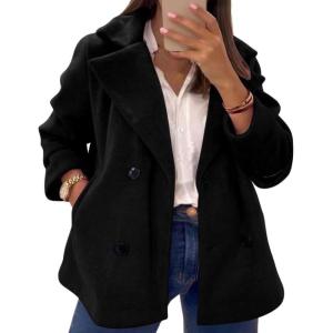 imagechouyatou Womens Elegant Lapel Double Breasted Wool Blend Overcoat Short Wool Pea Coat with PocketsBlack