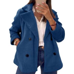 imagechouyatou Womens Elegant Lapel Double Breasted Wool Blend Overcoat Short Wool Pea Coat with PocketsBlue