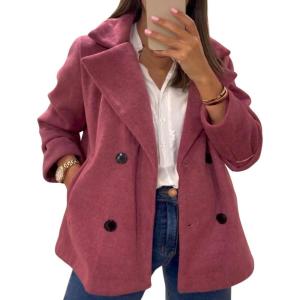 imagechouyatou Womens Elegant Lapel Double Breasted Wool Blend Overcoat Short Wool Pea Coat with PocketsDark Red
