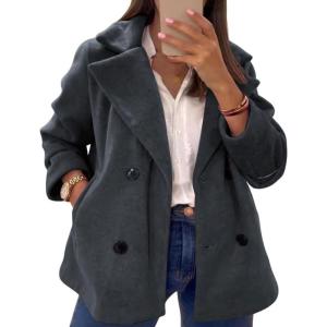 imagechouyatou Womens Elegant Lapel Double Breasted Wool Blend Overcoat Short Wool Pea Coat with PocketsGray
