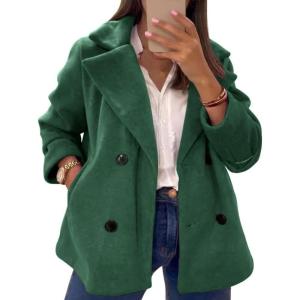 imagechouyatou Womens Elegant Lapel Double Breasted Wool Blend Overcoat Short Wool Pea Coat with PocketsGreen
