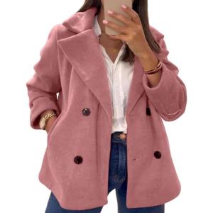 imagechouyatou Womens Elegant Lapel Double Breasted Wool Blend Overcoat Short Wool Pea Coat with PocketsPink