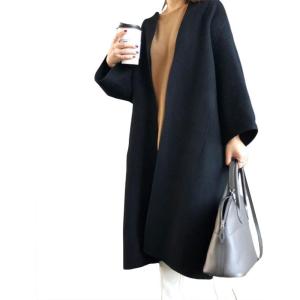 imagechouyatou Womens Elegant Office Oversized Open Front Wool Blend Mid Long Coat Overcoat One Size BeigeBlack