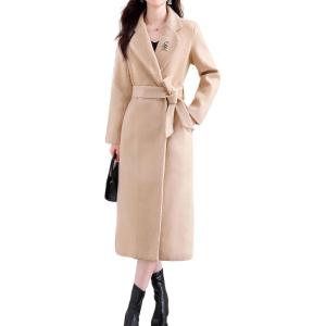 imagechouyatou Womens Elegant Wool Blend Overcoat Notched Collar Wrap Mid Long Trench Coat with BeltKhaki