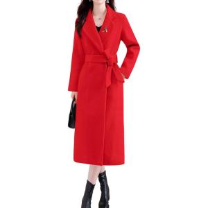 imagechouyatou Womens Elegant Wool Blend Overcoat Notched Collar Wrap Mid Long Trench Coat with BeltRed