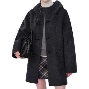 imagechouyatou Womens Fall Single Breasted Duffle Coat Collarless Preppy Winter Mid Long Wool Toggle CoatGrey