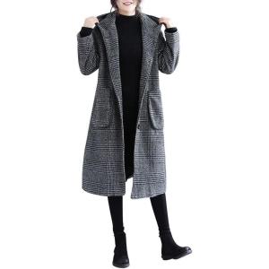 imagechouyatou Womens Retro Houndstooth Plaid Single Breasted Long Wool Coat with HoodBlack