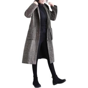 imagechouyatou Womens Retro Houndstooth Plaid Single Breasted Long Wool Coat with HoodCoffee