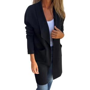 imagechouyatou Womens Shawl Collar Lightweight Wool Coat Open Front Long Trench Coat Blazer Jacket with PocketsBlack