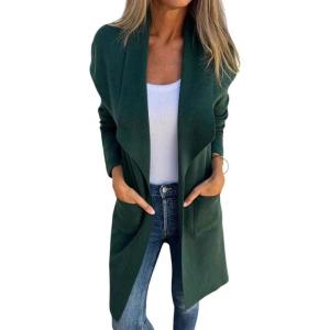 imagechouyatou Womens Shawl Collar Lightweight Wool Coat Open Front Long Trench Coat Blazer Jacket with PocketsDark Green