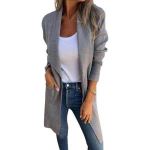 imagechouyatou Womens Shawl Collar Lightweight Wool Coat Open Front Long Trench Coat Blazer Jacket with PocketsGray