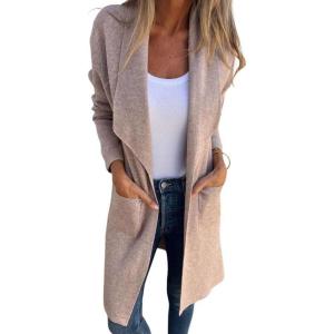 imagechouyatou Womens Shawl Collar Lightweight Wool Coat Open Front Long Trench Coat Blazer Jacket with PocketsKhaki