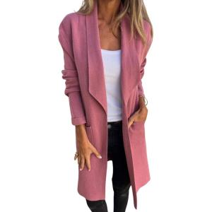 imagechouyatou Womens Shawl Collar Lightweight Wool Coat Open Front Long Trench Coat Blazer Jacket with PocketsPink