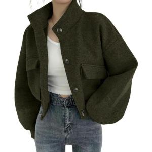 imagechouyatou Womens Stand Collar Wool Blend Cropped Trench Coat Button Front Short Jacket Coat with pocketsArmy Green