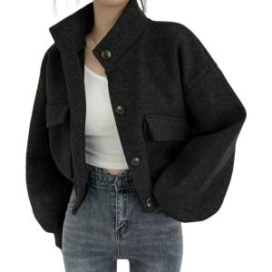 imagechouyatou Womens Stand Collar Wool Blend Cropped Trench Coat Button Front Short Jacket Coat with pocketsBlack