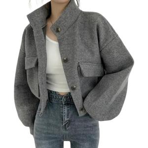 imagechouyatou Womens Stand Collar Wool Blend Cropped Trench Coat Button Front Short Jacket Coat with pocketsGrey