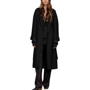 imagechouyatou Womens Winter Business Casual Wool Coat Notch Lapel Midi Long Winter Trench Coat with BeltBlack