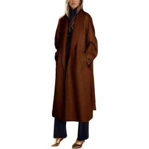 imagechouyatou Womens Winter Business Casual Wool Coat Notch Lapel Midi Long Winter Trench Coat with BeltBrown