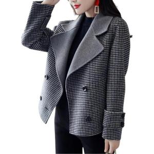 imagechouyatou Womens Winter Casual Wool Blend Trench Coat Loose Double Breasted Plaid Notched Collar Pea CoatGrey