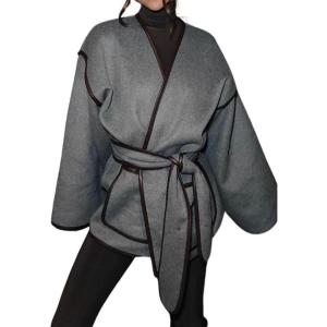 imagechouyatou Womens Winter Collarless Wool Coat Contrast Color Oversized Winter Woolen Overcoat with BeltGrey