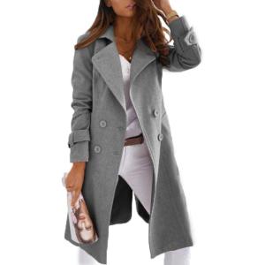 imagechouyatou Womens Winter Double Breasted Notch Lapel Wool Coat Business Casual Midi Long Wool Blend OvercoatGrey