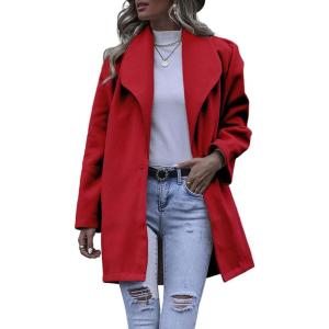 imagechouyatou Womens Winter Elegant Shawl Collar Wool Coat Formal Work Mid Long Wool Trench CoatRed