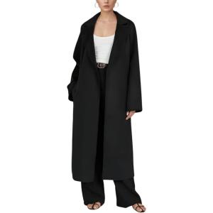 imagechouyatou Womens Winter Open Front Wool Coat Business Casual Midi Long Winter Trench Coat with BeltBlack