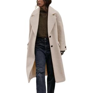 imagechouyatou Womens Winter Single Breasted Boucle Wool Coat Business Casual Warm Wool Trench CoatOffwhite