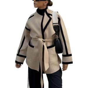 imagechouyatou Womens Winter Wool Jacket Contrast Color Business Casual Oversized Winter Wool Coat with BeltLight Khaki