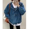 imagechouyatou Women Hooded 12 Button Down Pullover Denim Jacket Hoodie Boyfriend Casual Jean Sweatshirt TopDark Blue