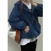 imagechouyatou Women Hooded 12 Button Down Pullover Denim Jacket Hoodie Boyfriend Casual Jean Sweatshirt TopDark Blue