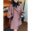 imagechouyatou Women Winter ALine Houndstooth Wool Coat Loose Cute Singe Breasted Midi Long Pea Coat OvercoatRed