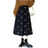 imagechouyatou Womens Cute Floral Embroidered Elastic Waist ALine Midi Long Corduroy SkirtBlack