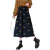 imagechouyatou Womens Cute Floral Embroidered Elastic Waist ALine Midi Long Corduroy SkirtBlack