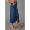 imagechouyatou Womens High Waisted Front Split Denim Skirt Business Casual ALine Jean Pencil SkirtDark Blue
