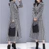 imagechouyatou Womens Houndstooth Notched Collar Double Breasted Overcoat Plaid Wool Blend Long Trench CoatBlack