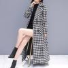 imagechouyatou Womens Houndstooth Notched Collar Double Breasted Overcoat Plaid Wool Blend Long Trench CoatBlack