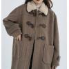 imagechouyatou Womens Preppy Wool Blend Overcoat Jacket Lapel Horn Button Notched Collar Trench CoatBrown