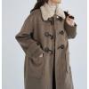 imagechouyatou Womens Preppy Wool Blend Overcoat Jacket Lapel Horn Button Notched Collar Trench CoatBrown