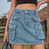 imagechouyatou Womens Summer Y2K Denim Cargo Skirt High Waisted ALine Mini Jean Skirt with PocketsBlue