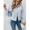 imagechouyatou Womens Vintage Houndstooth Plaid Button Down Tweed Cropped Shacket Jacket Wool CoatLight Blue