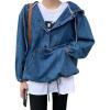 imagechouyatou Women Hooded 12 Button Down Pullover Denim Jacket Hoodie Boyfriend Casual Jean Sweatshirt TopDark Blue