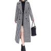 imagechouyatou Womens Houndstooth Notched Collar Double Breasted Overcoat Plaid Wool Blend Long Trench CoatBlack