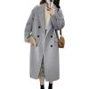 imagechouyatou Womens Winter Business Casual Wool Coat Double Breasted Mid Long Trench Coat OvercoatGrey