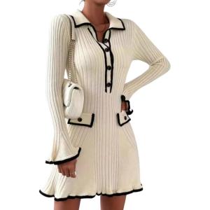 imagechouyatou CHOUAYTOU Womens Fall Polo Collared Ribbed Knit Sweater Dress Color Block Button Down Mini DressBeige