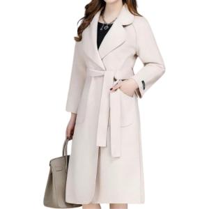 imagechouyatou Women Fall Winter Double Face Wool Blend Overcoat Notched Collar Wrap Midi Trench Coat with BeltBeige