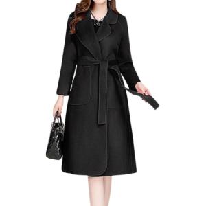imagechouyatou Women Fall Winter Double Face Wool Blend Overcoat Notched Collar Wrap Midi Trench Coat with BeltBlack